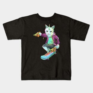 Badass Unicorn Cat Skateboarding Pizza lover Kids T-Shirt